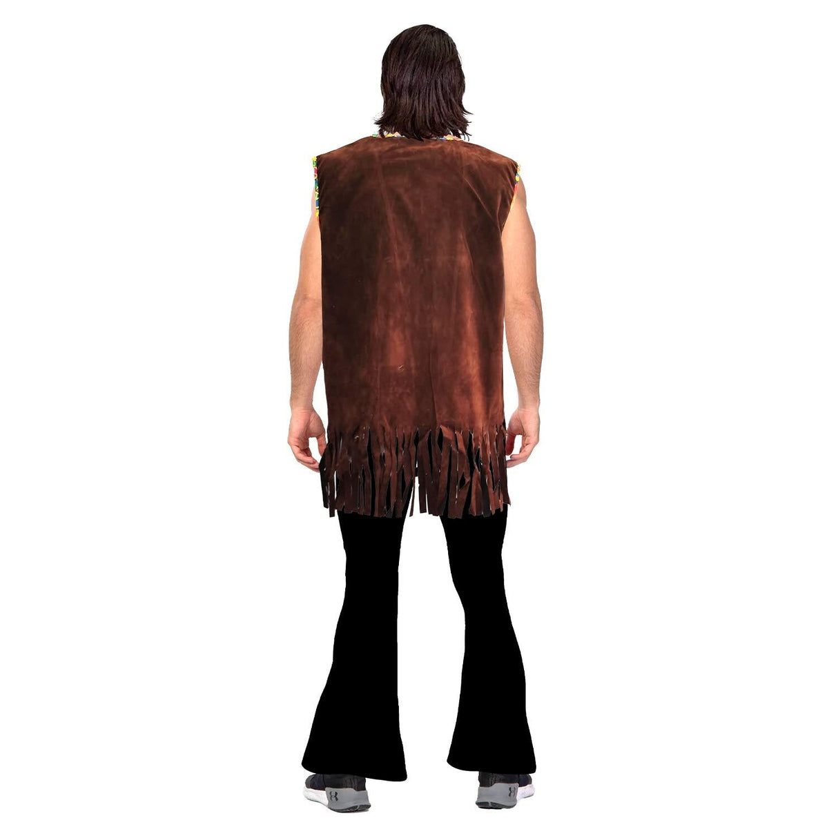 Mens Brown 60s Hippie Vest Costume - Fringed Psychedelic Trim (Halloween & Fancy Dress)