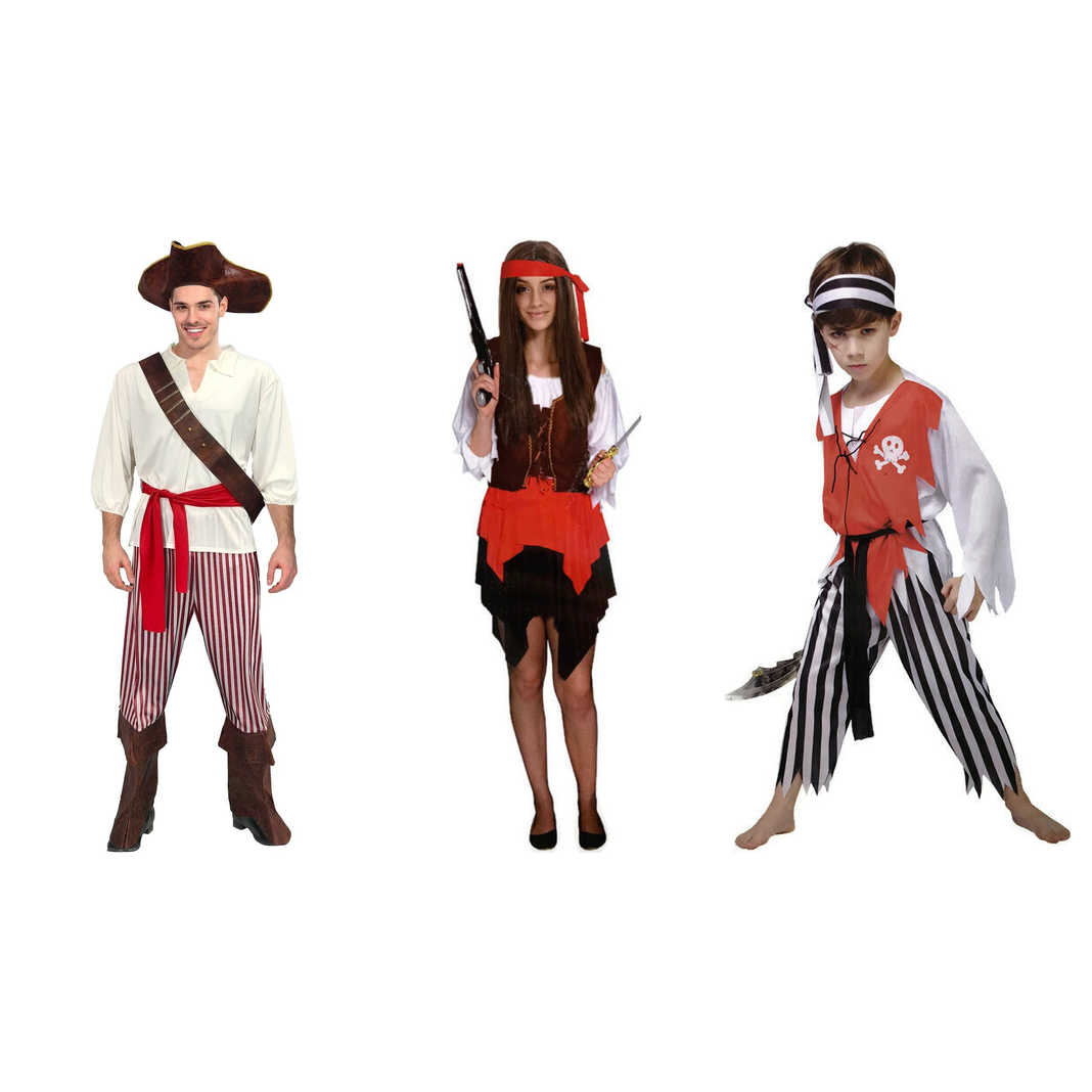 Deluxe Pirate Family Costume Set - 3pc Mens, Womens & Boys Caribbean Halloween Fancy Dress