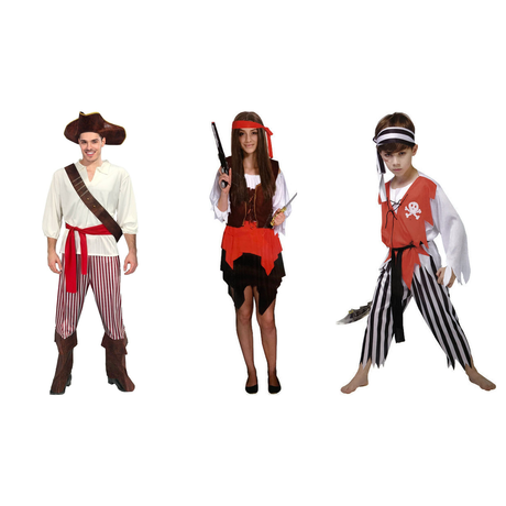 Deluxe Pirate Family Costume Set - 3pc Mens, Womens & Boys Caribbean Halloween Fancy Dress