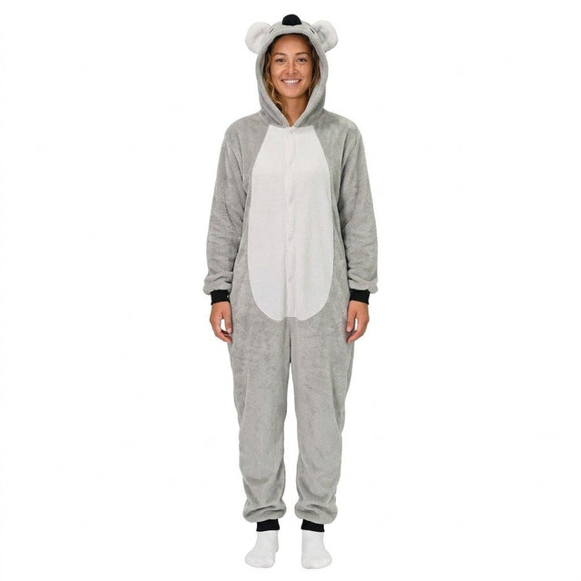 Adult Grey Koala Bodysuit Costume - Hooded Animal Jumpsuit (Halloween & Fancy Dress)