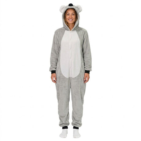 Adult Grey Koala Bodysuit Costume - Hooded Animal Jumpsuit (Halloween & Fancy Dress)