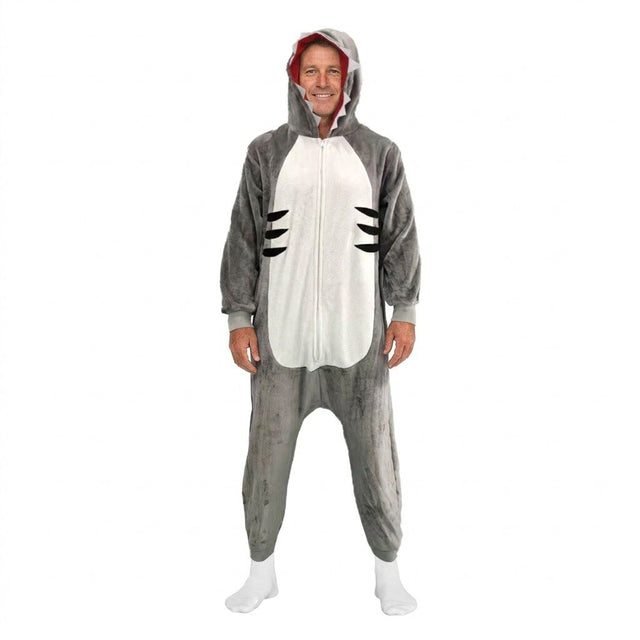 Adult Grey Shark Bodysuit Costume - Hooded Animal Jumpsuit w/ Fin Tail (Halloween & Fancy Dress)