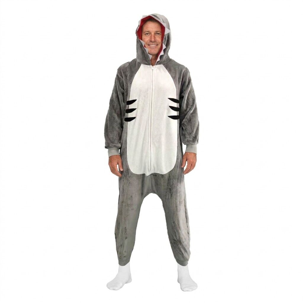Adult Grey Shark Bodysuit Costume - Hooded Animal Jumpsuit w/ Fin Tail (Halloween & Fancy Dress)