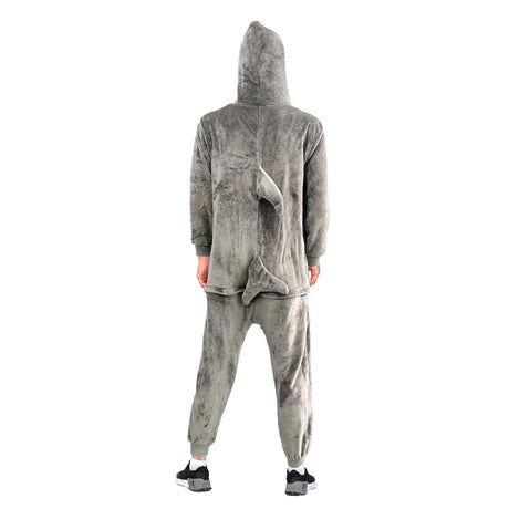 Adult Grey Shark Bodysuit Costume - Hooded Animal Jumpsuit w/ Fin Tail (Halloween & Fancy Dress)
