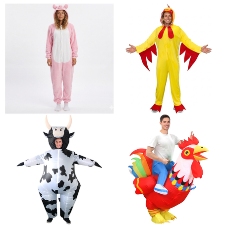 Farm Animal Group Costume Set - 4pc Pig, Chicken, Cow & Rooster (Halloween & Fancy Dress)