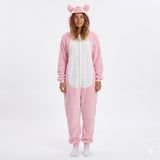 Adult Pink Piggy Bodysuit Costume - Hooded Animal Jumpsuit w/ Tail (Halloween & Fancy Dress)