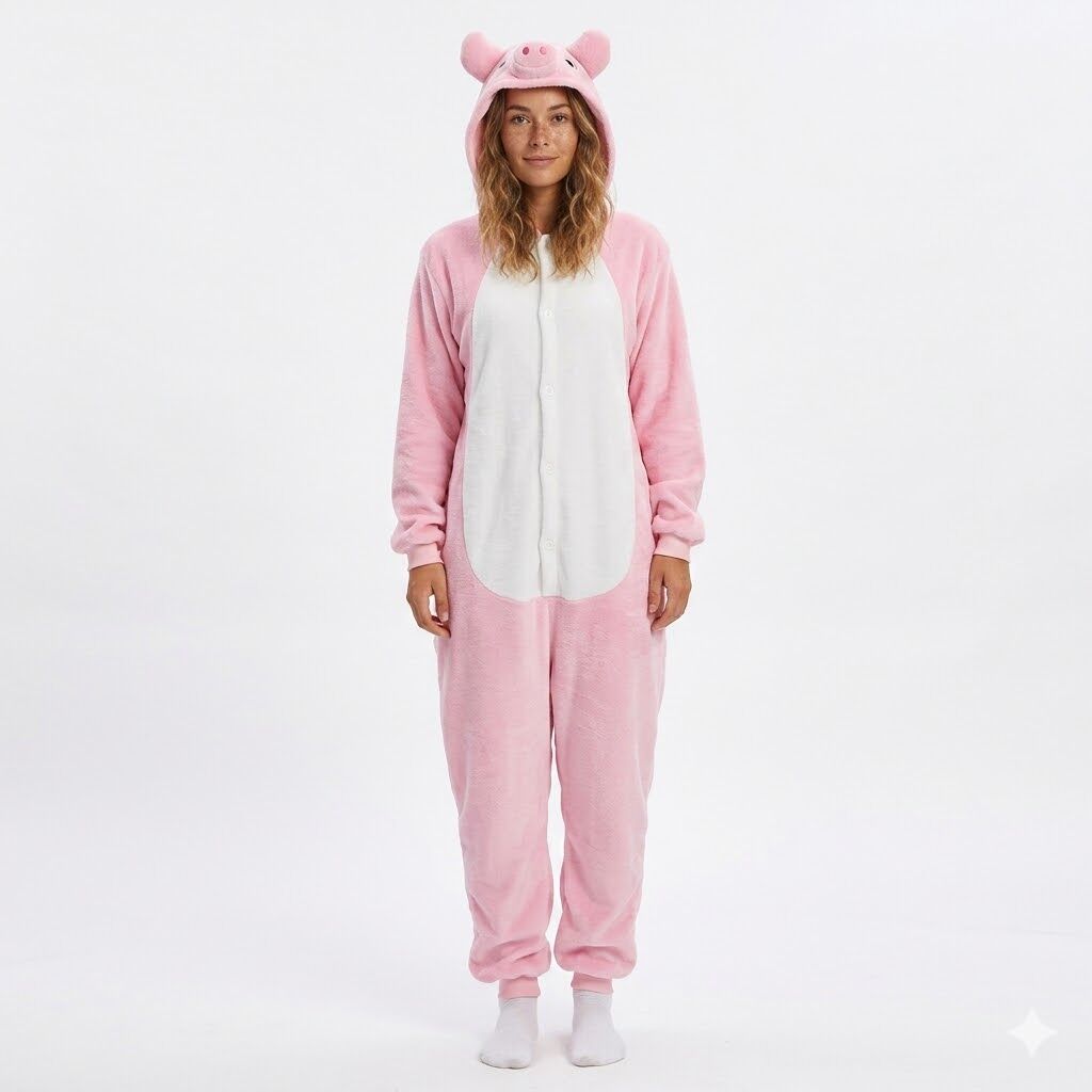 Adult Pink Piggy Bodysuit Costume - Hooded Animal Jumpsuit w/ Tail (Halloween & Fancy Dress)