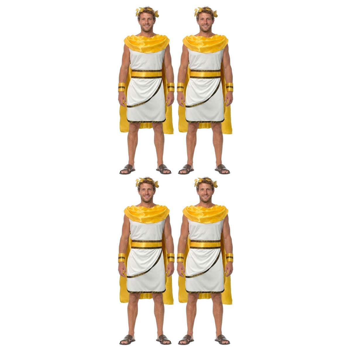4x Adult Gold Greek God Gladiator Costume Bulk Pack - Tunic, Cape & Headpiece Set (Group Costume for Toga Party & Fancy Dress)
