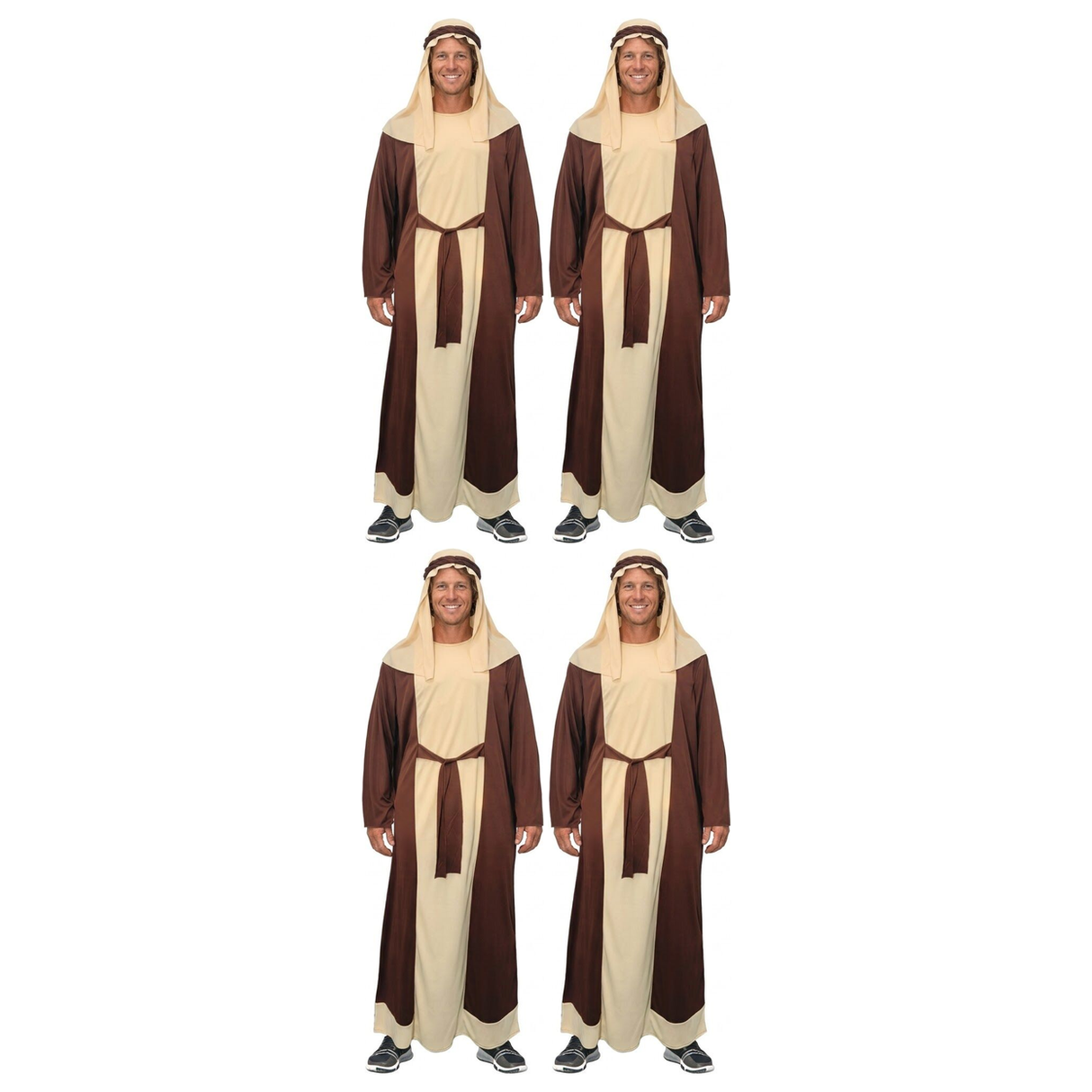 4x Adult Shepherd Costume Bulk Pack - Nativity Robe, Headpiece & Belt Set (S/M & L/XL)