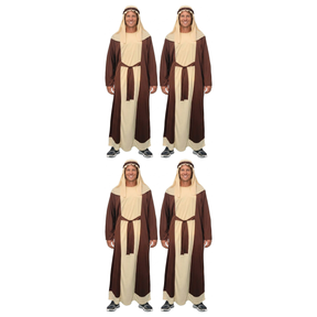4x Adult Shepherd Costume Bulk Pack - Nativity Robe, Headpiece & Belt Set (S/M & L/XL)