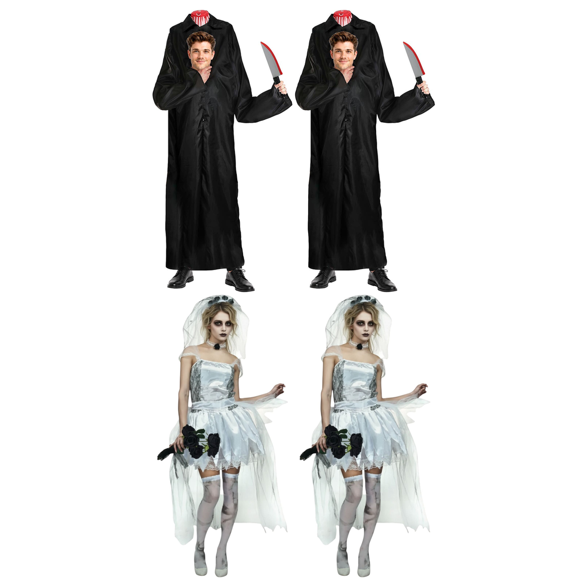 Zombie Group Costume Set - 2x Headless Zombie + 2x Corpse Bride (Halloween & Fancy Dress)