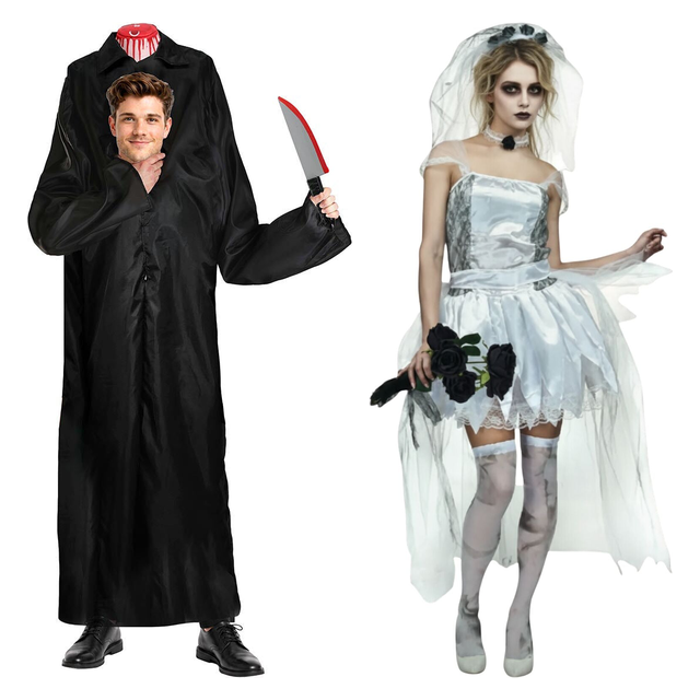Headless Zombie & Corpse Bride Couples Costume Set - His & Hers Halloween Fancy Dress