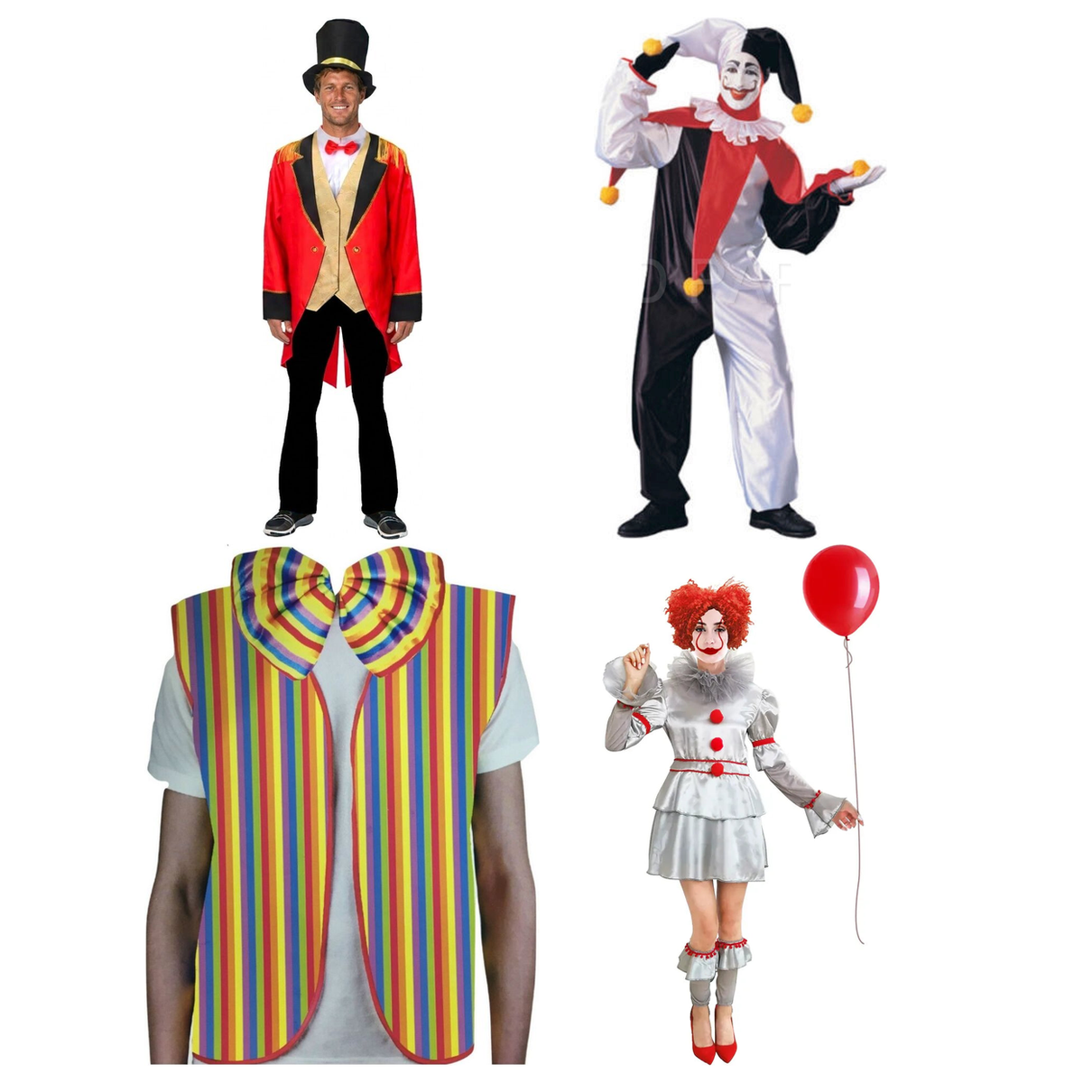 Circus Group Costume Set - 4pc Ringmaster, Jester, Rainbow Clown Vest & Evil Clown (Halloween & Fancy Dress)