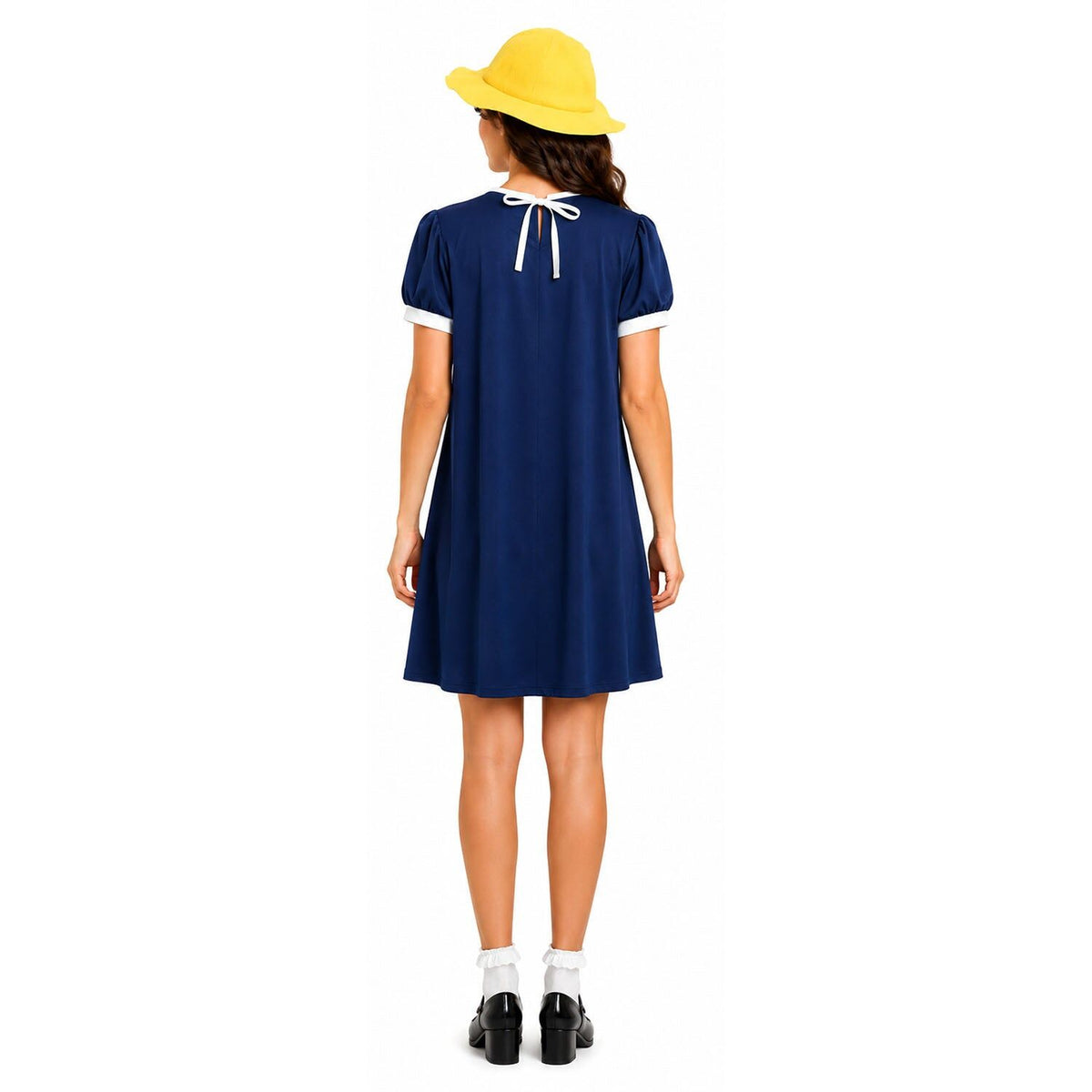 Adult Madeline French School Girl Costume - Blue Dress & Yellow Hat Set for Halloween & Cosplay