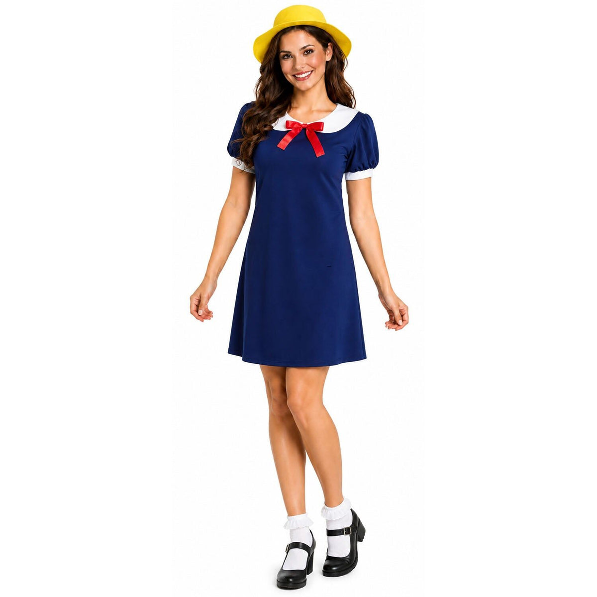 Adult Madeline French School Girl Costume - Blue Dress & Yellow Hat Set for Halloween & Cosplay