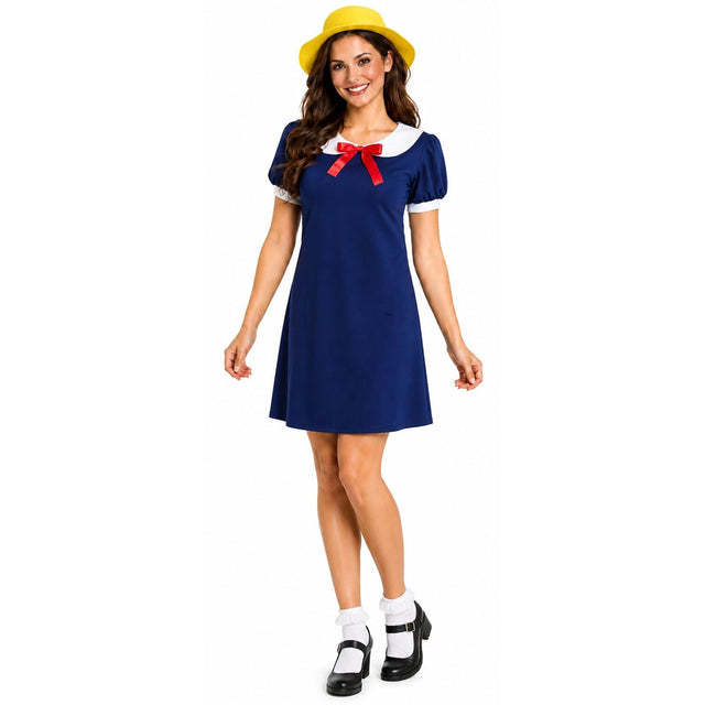 Adult Madeline French School Girl Costume - Blue Dress & Yellow Hat Set for Halloween & Cosplay