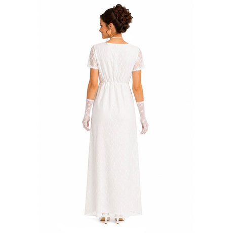 Womens White Lace Regency Costume - 1800s Empire Waist Gown (Halloween & Fancy Dress)