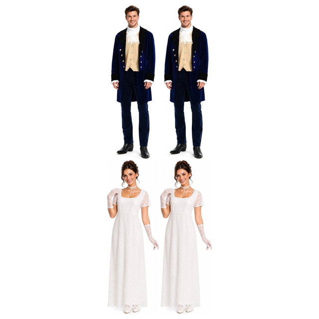Regency Group Costume Set - 2x Duke Tailcoat + 2x Lace Gown (Halloween & Fancy Dress)