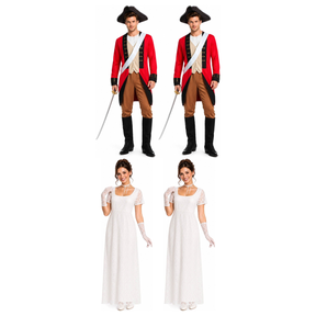 Redcoat & Regency Group Costume Set - 2x Redcoat Soldier + 2x Lace Gown (Halloween & Fancy Dress)