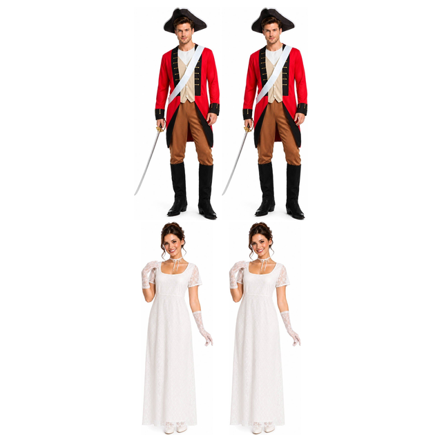 Redcoat & Regency Group Costume Set - 2x Redcoat Soldier + 2x Lace Gown (Halloween & Fancy Dress)