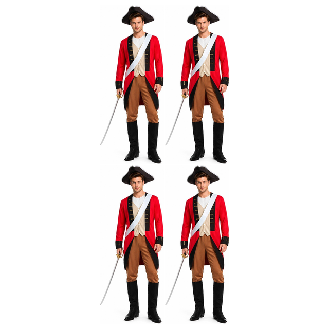 4x Adult British Red Coat Soldier Costume Bulk Pack - Colonial Redcoat (Halloween & Fancy Dress)