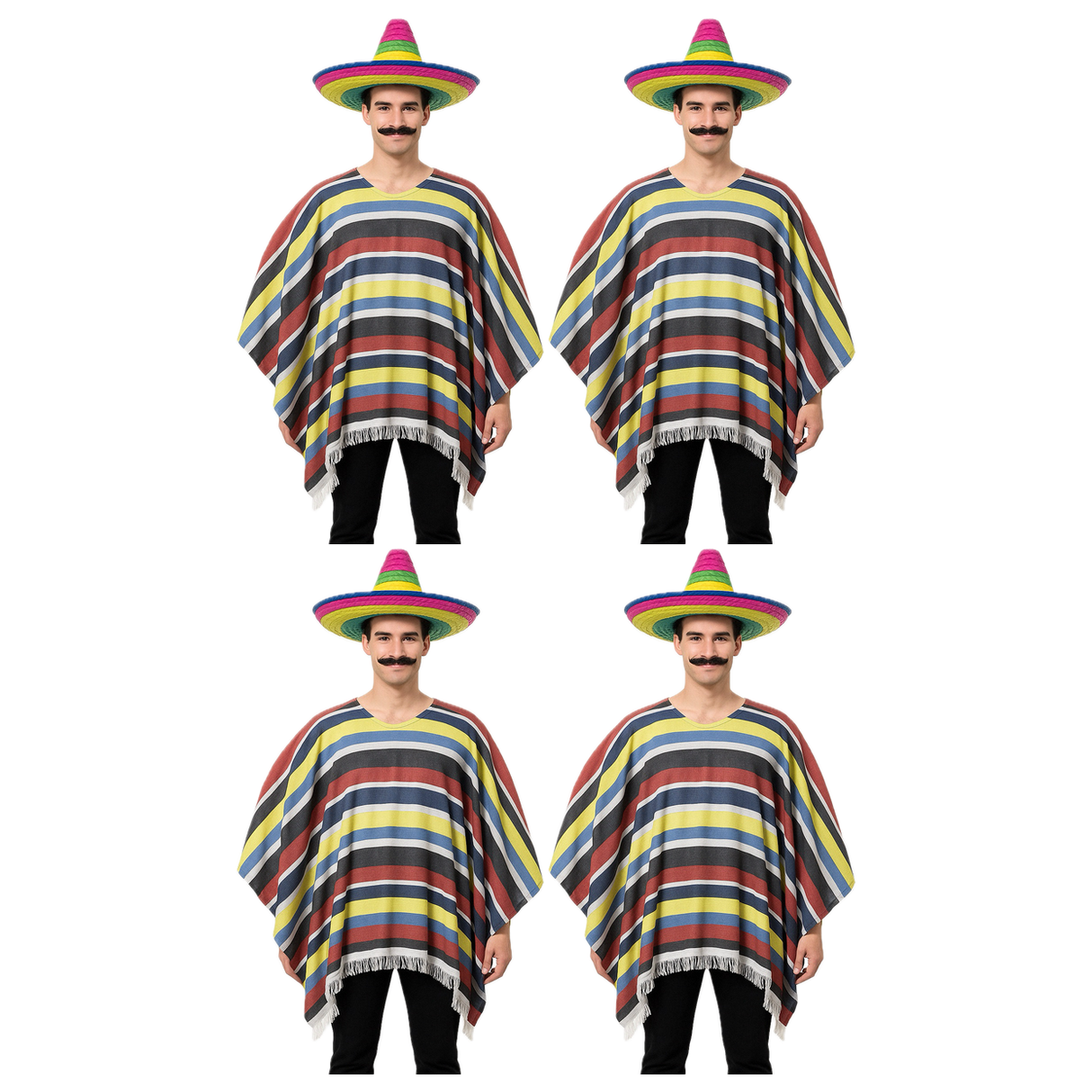 4x Mens Lightweight Mexican Poncho Costume Bulk Pack - Wild West/Cowboy Bandit (Halloween & Fancy Dress)