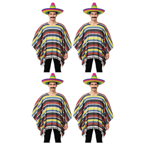 4x Mens Lightweight Mexican Poncho Costume Bulk Pack - Wild West/Cowboy Bandit (Halloween & Fancy Dress)