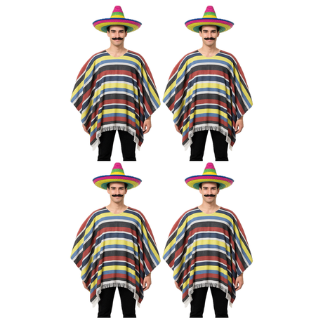 4x Mens Lightweight Mexican Poncho Costume Bulk Pack - Wild West/Cowboy Bandit (Halloween & Fancy Dress)