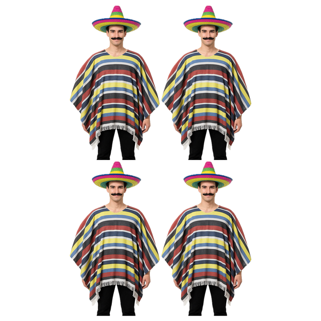 4x Mens Lightweight Mexican Poncho Costume Bulk Pack - Wild West/Cowboy Bandit (Halloween & Fancy Dress)