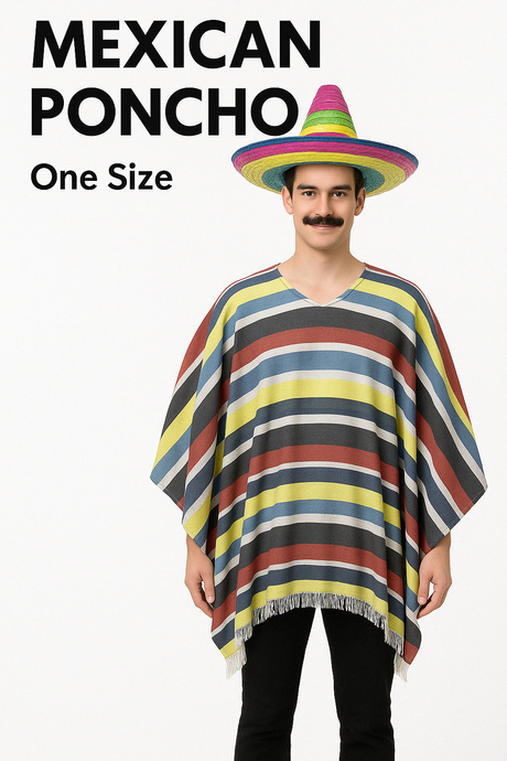 Mens MEXICAN PONCHO Spanish Costume Wild West Cowboy Party Bandit Fiesta