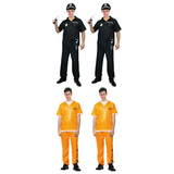 Cops & Robbers Group Costume Set - 2x Police Officer + 2x Orange Prisoner (Halloween & Fancy Dress)