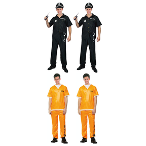 Cops & Robbers Group Costume Set - 2x Police Officer + 2x Orange Prisoner (Halloween & Fancy Dress)