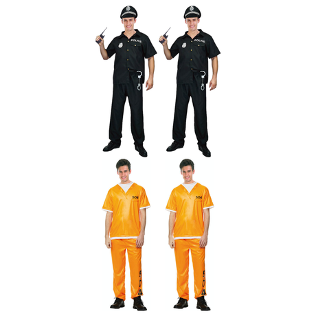 Cops & Robbers Group Costume Set - 2x Police Officer + 2x Orange Prisoner (Halloween & Fancy Dress)