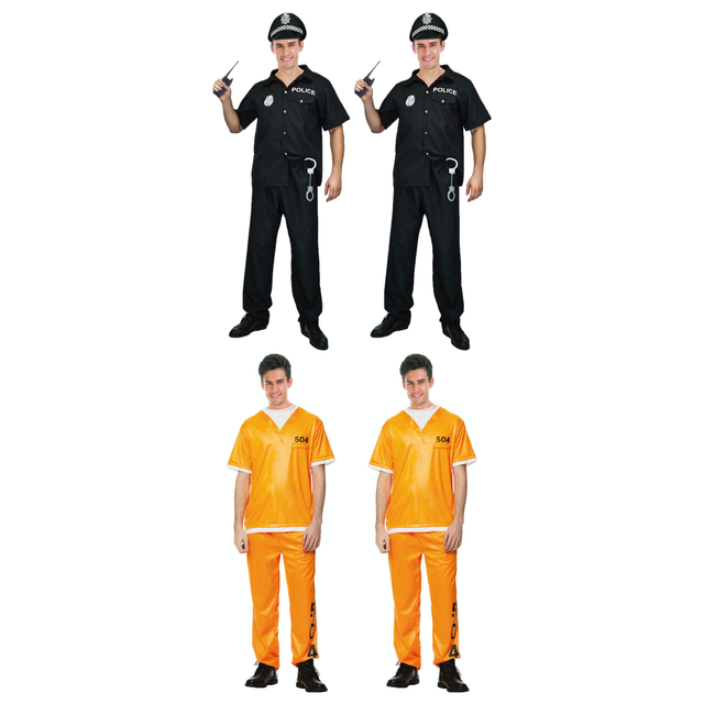 Cops & Robbers Group Costume Set - 2x Police Officer + 2x Orange Prisoner (Halloween & Fancy Dress)