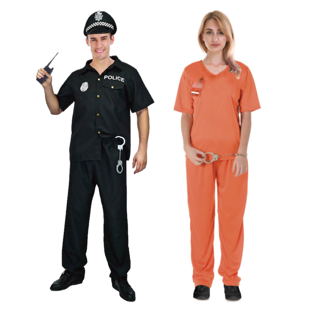 His & Hers Cop & Convict Couples Costume Set - Police Prisoner Halloween Fancy Dress