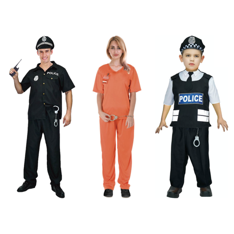 Cop & Convict Family Costume Set - 3pc Mens, Womens & Boys Police Halloween Fancy Dress
