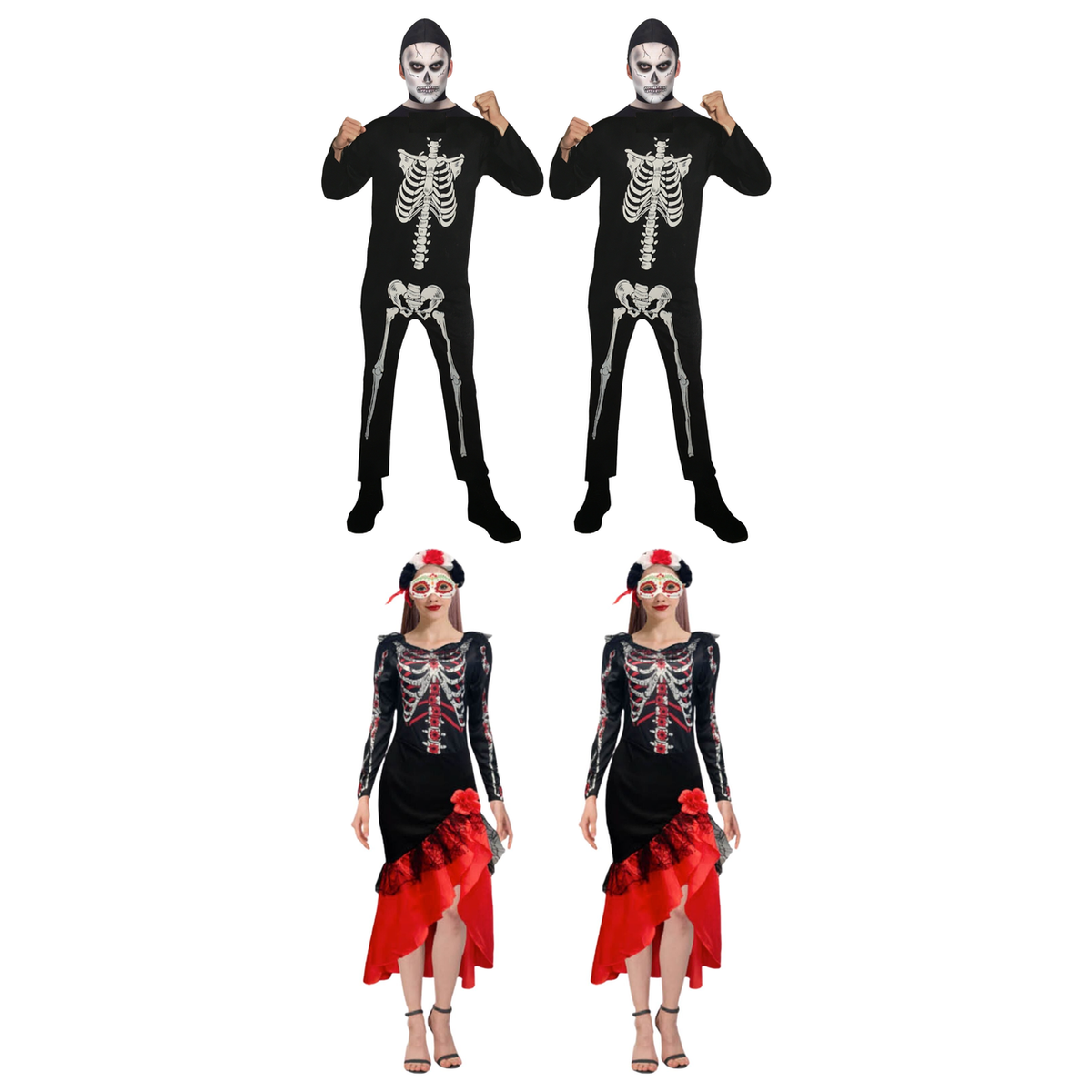 Day of the Dead Group Costume Set - 2x Mens Skeleton + 2x Spanish Skeleton Dress (Halloween & Fancy Dress)
