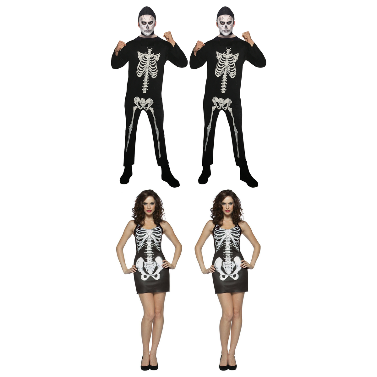 Skeleton Group Costume Set - 2x Mens Bones Jumpsuit + 2x Womens Bones Tank Dress (Halloween & Fancy Dress)