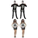 Skeleton Group Costume Set - 2x Mens Bones Jumpsuit + 2x Womens Bones Tank Dress (Halloween & Fancy Dress)
