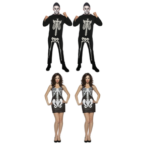 Skeleton Group Costume Set - 2x Mens Bones Jumpsuit + 2x Womens Bones Tank Dress (Halloween & Fancy Dress)