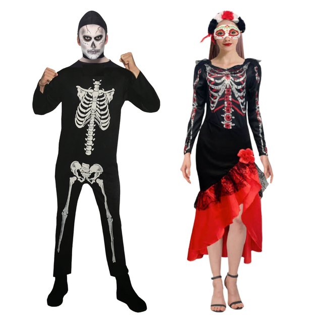 His & Hers Day of the Dead Couples Costume Set - Skeleton Skull Halloween Fancy Dress