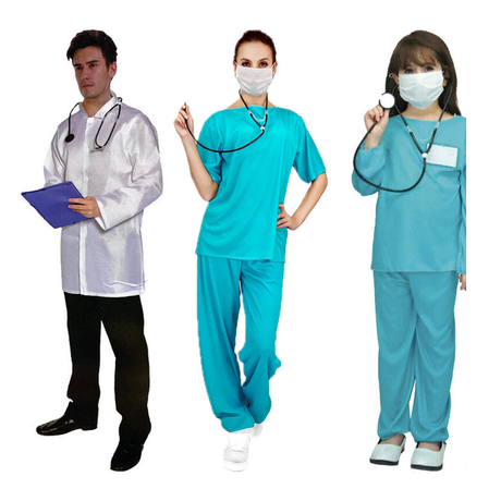 Doctor & Nurse Family Costume Set - 3pc Mens, Womens & Kids Scrubs Halloween Fancy Dress