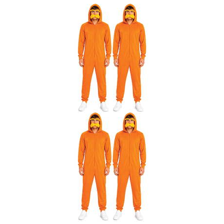 4x Adult Orange Hooded Jumpsuit Group Costume Bulk Pack - Book Week, Halloween Party & Fancy Dress Outfit