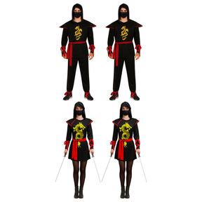 Ninja Group Costume Set - 2x Black Ninja Warrior + 2x Womens Samurai Ninja (Halloween & Fancy Dress)