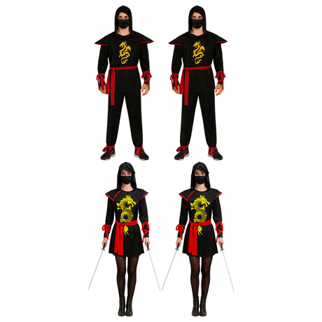 Ninja Group Costume Set - 2x Black Ninja Warrior + 2x Womens Samurai Ninja (Halloween & Fancy Dress)