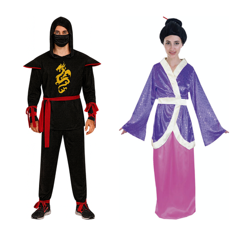 His & Hers Ninja & Geisha Couples Costume Set - Japanese Oriental Halloween Fancy Dress