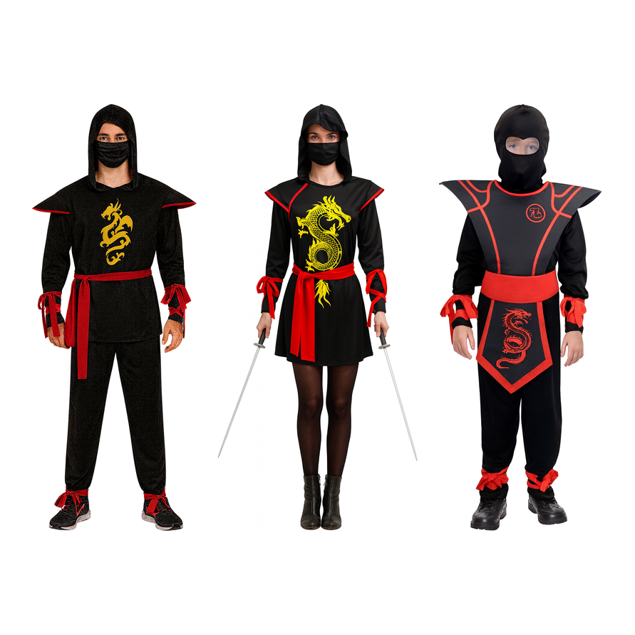 Ninja Warrior Family Costume Set - 3pc Mens, Womens & Boys Japanese Halloween Fancy Dress