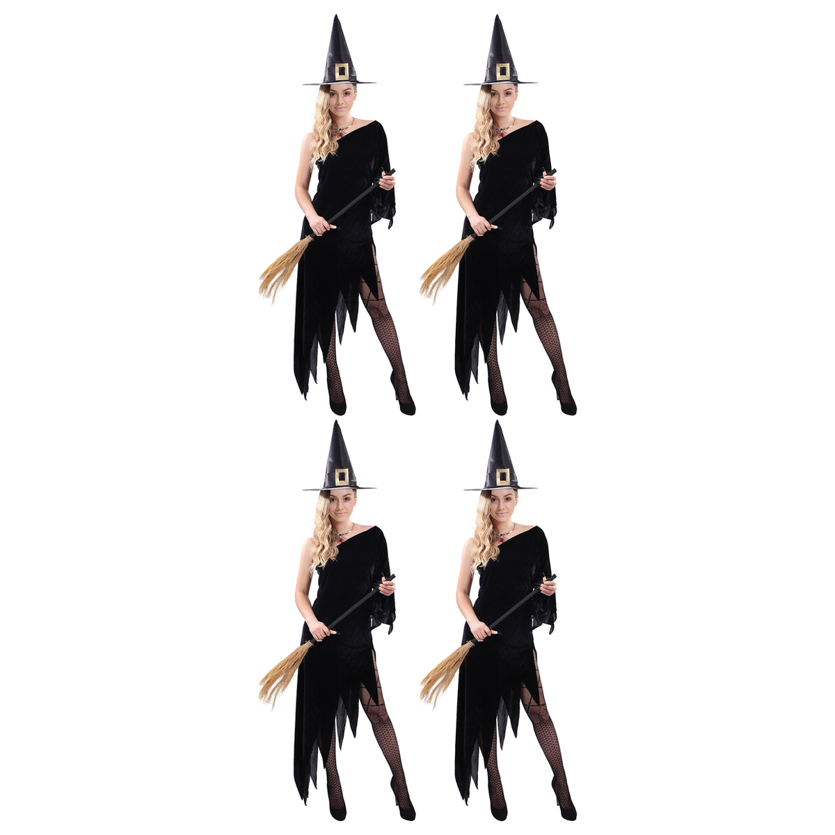 4x Womens Black Witch Costume Dress Bulk Pack - Hat Included (Group Costume for Halloween & Fancy Dress)