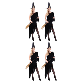 4x Womens Black Witch Costume Dress Bulk Pack - Hat Included (Group Costume for Halloween & Fancy Dress)