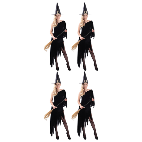 4x Womens Black Witch Costume Dress Bulk Pack - Hat Included (Group Costume for Halloween & Fancy Dress)